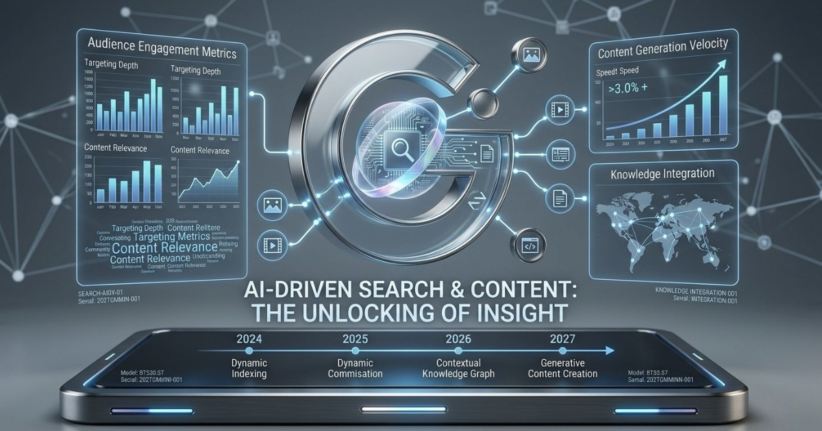 A professional 4K infographic dashboard featuring a large silver Google logo and charts detailing audience engagement, content generation velocity, and a tech roadmap timeline leading to 2027.