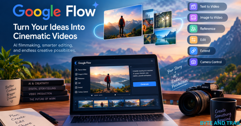 Google Flow AI filmmaking tool interface displaying Text to Video and Camera Control features on a laptop screen.